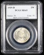 1939-D Washington Silver Quarter 25c PCGS MS65