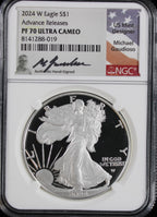 2024-W Silver Eagle NGC PF70UCAM Guadisoso Signed Advance Releases