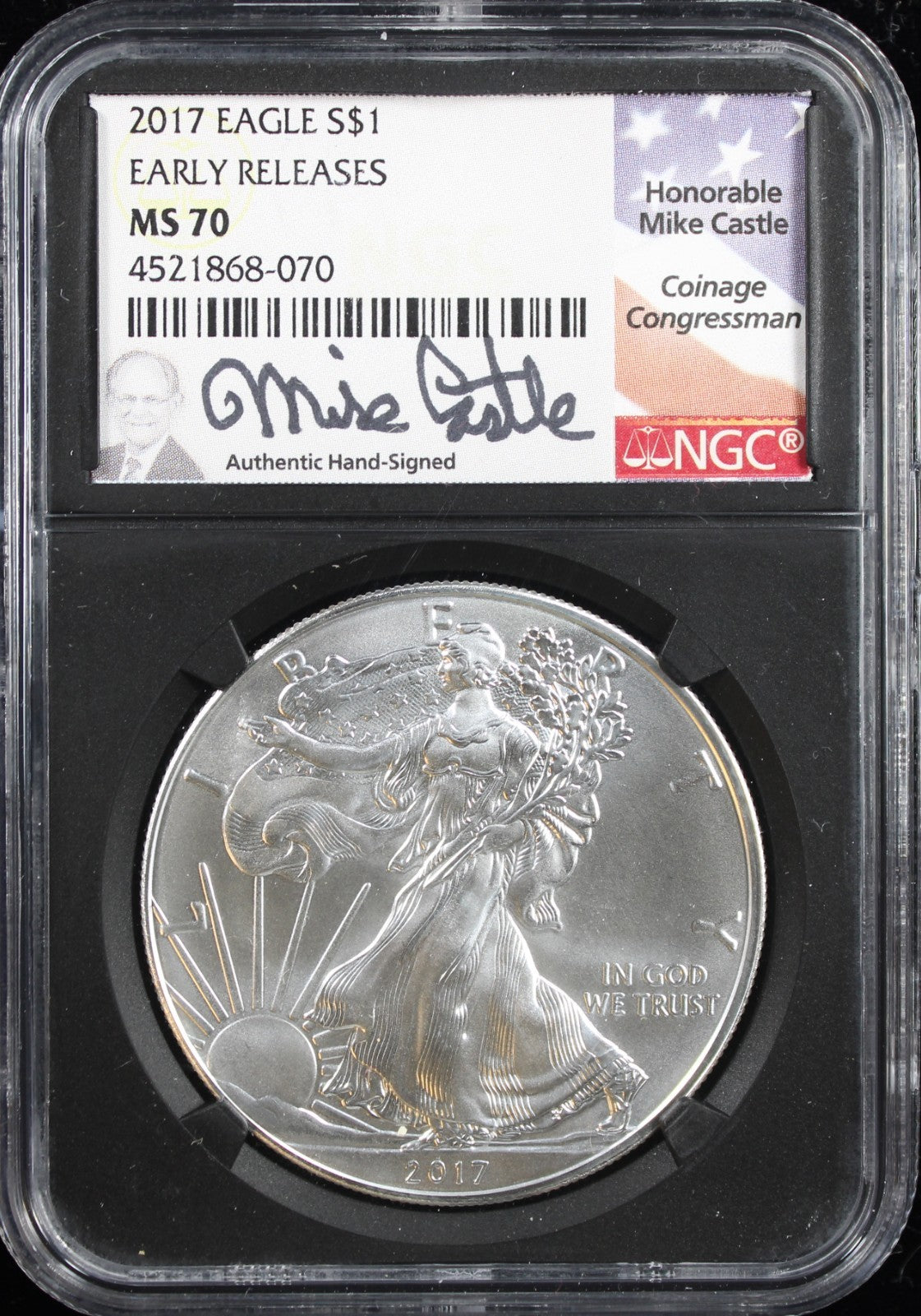 2017 Silver Eagle NGC MS70 Early Releases Castle Signed
