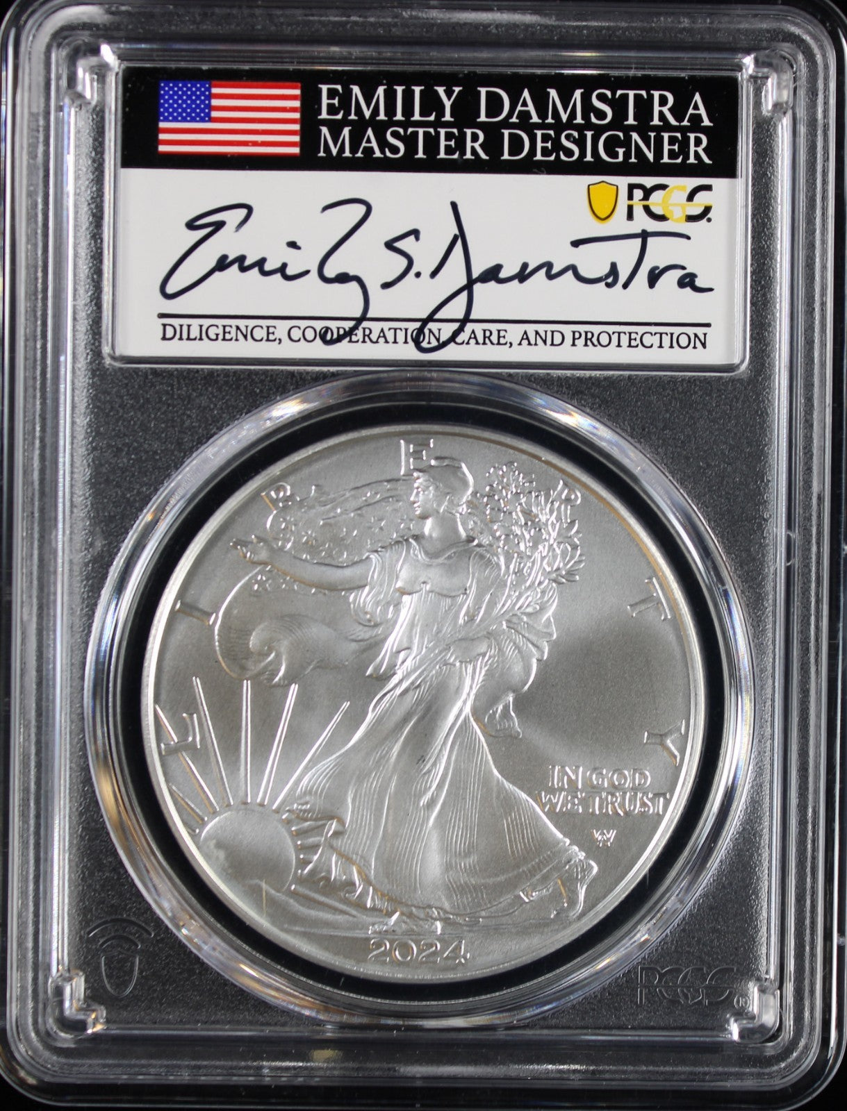 2024 Silver Eagle PCGS MS70 Damstra Signed First Day of Issue