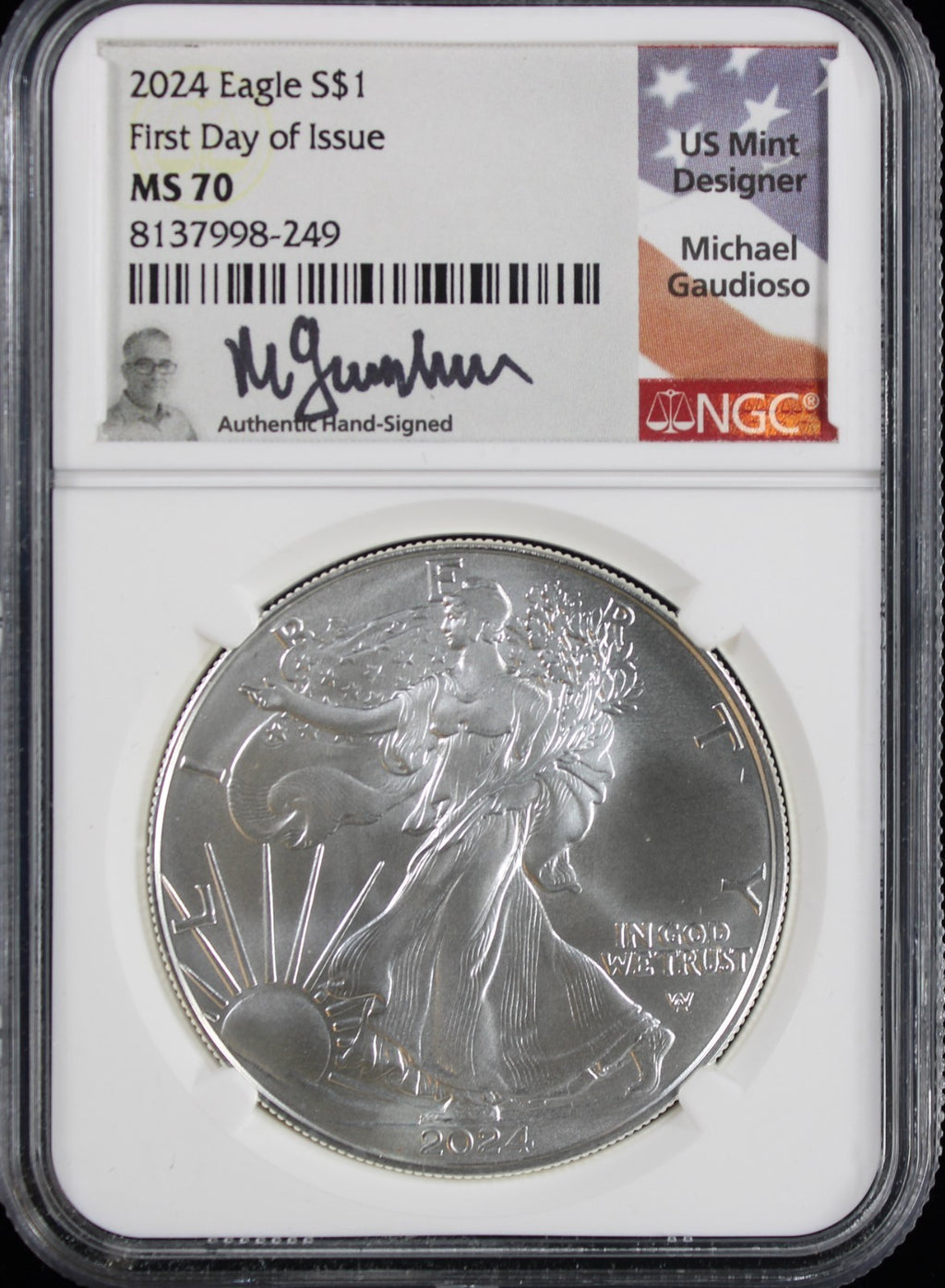 2024 Silver Eagle NGC MS70 Guadioso Signed First Day of Issue