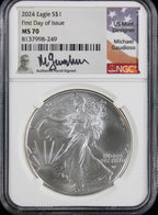 2024 Silver Eagle NGC MS70 Guadioso Signed First Day of Issue