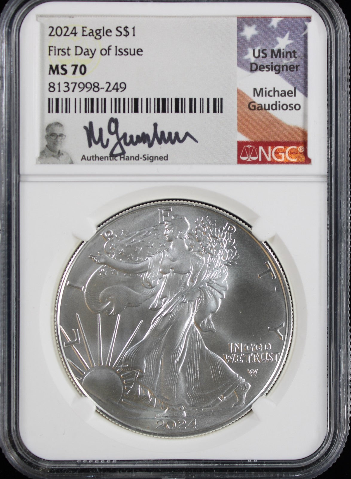 2024 Silver Eagle NGC MS70 Guadioso Signed First Day of Issue