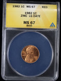 1982 Lincoln Cent 1c ANACS Zinc Large Date MS67 RD