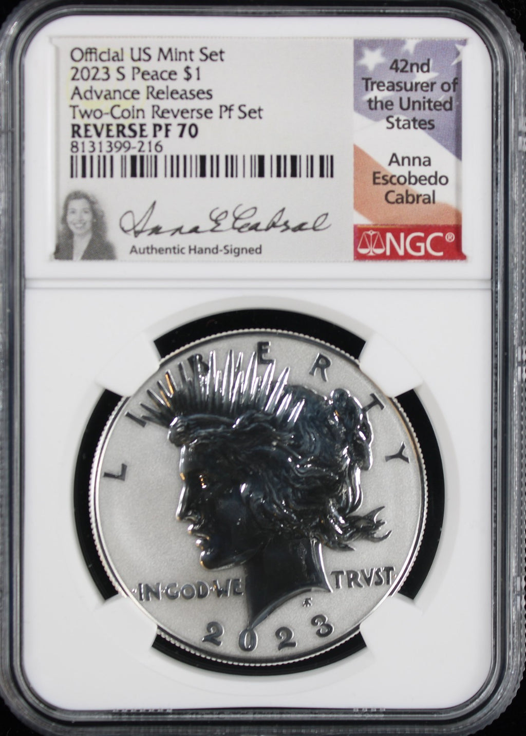 2023-S $1 Peace Reverse PF70 NGC Advance Releases Anna Cabral Signature