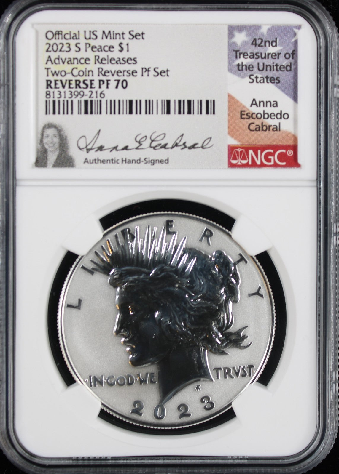 2023-S $1 Peace Reverse PF70 NGC Advance Releases Anna Cabral Signature