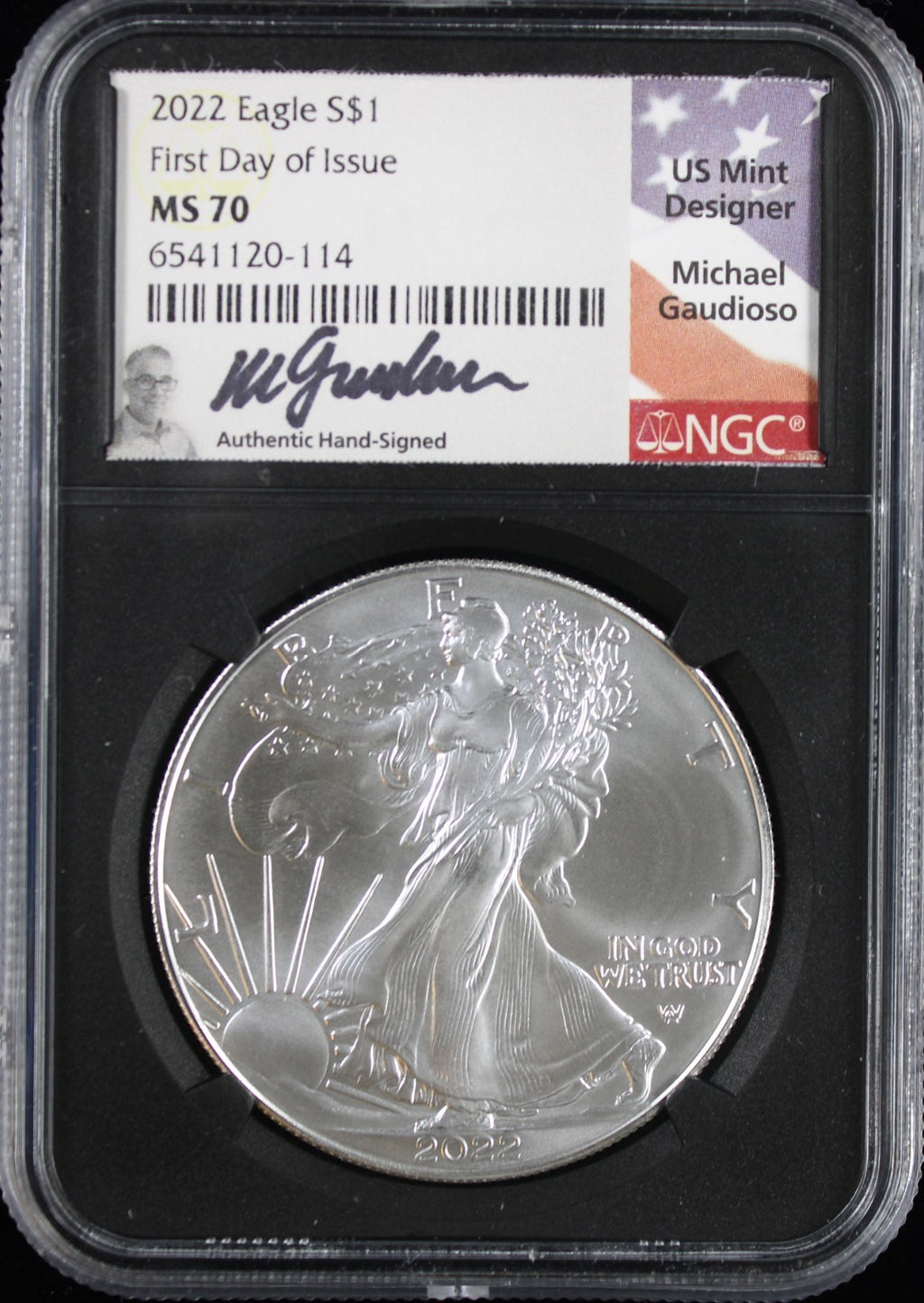 2022 Silver Eagle NGC MS70 Guadioso Signed First Day of Issue
