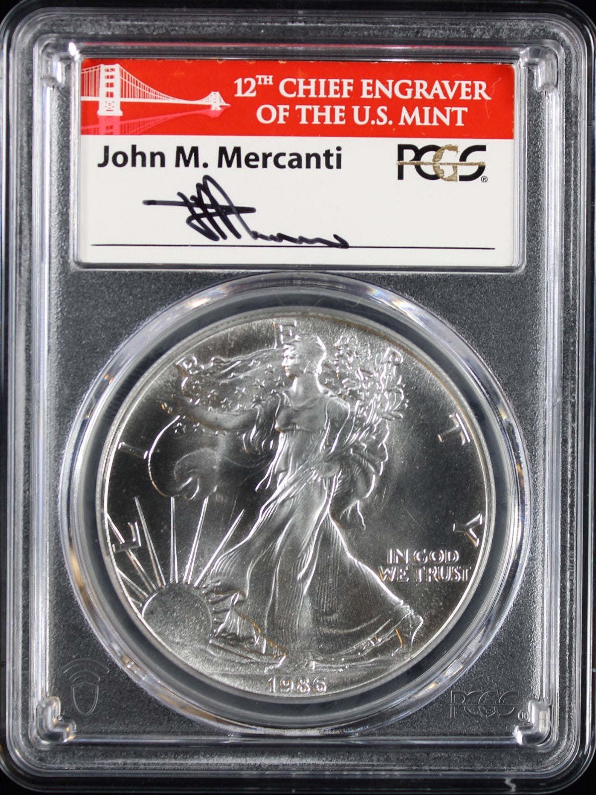 1986-S Silver Eagle PCGS MS70 Mercanti Signed