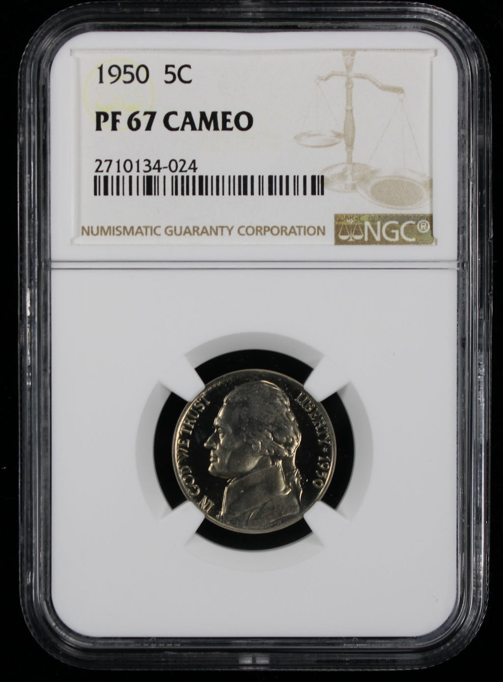 1950 Jefferson Proof Nickel 5c NGC PF67 Cameo