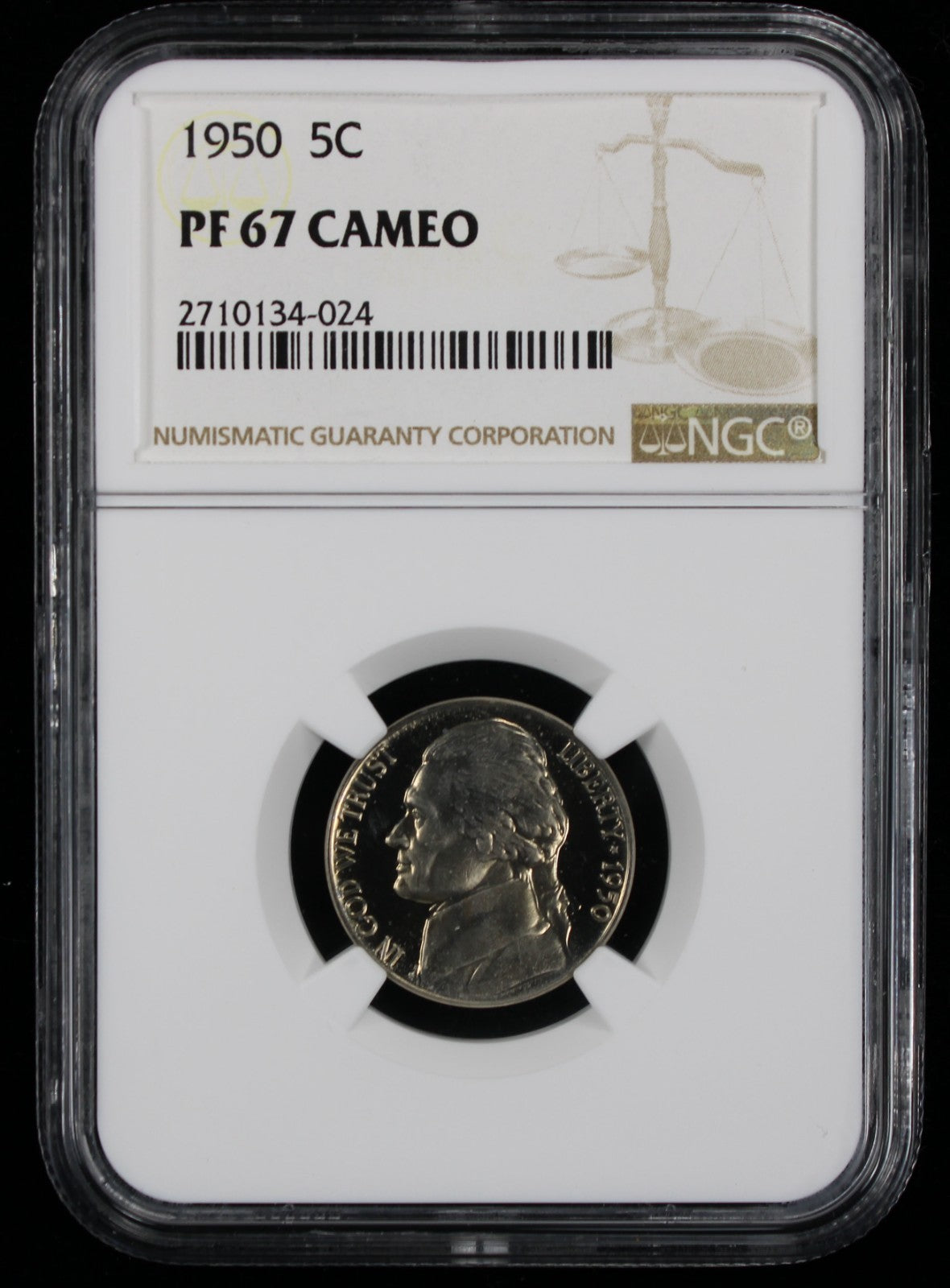 1950 Jefferson Proof Nickel 5c NGC PF67 Cameo