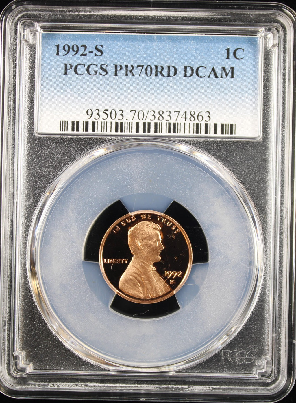 1992-S 1c PCGS PR70RD DCAM