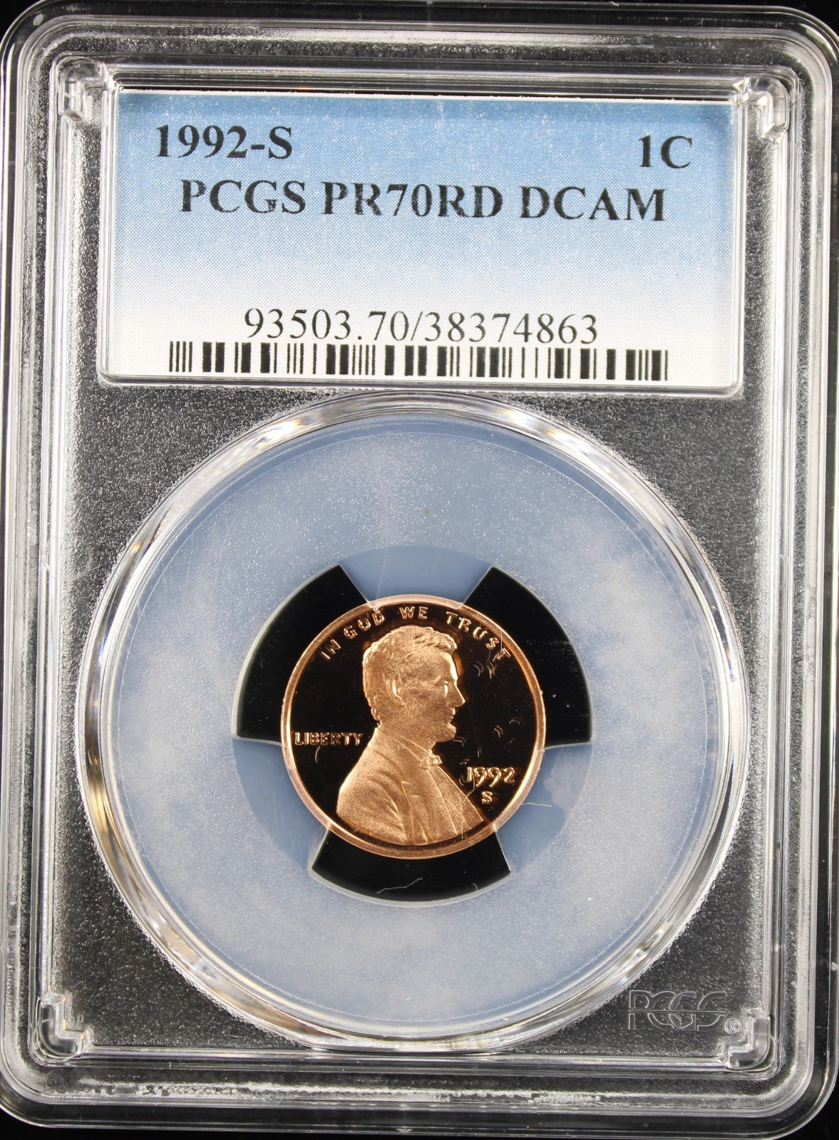 1992-S 1c PCGS PR70RD DCAM