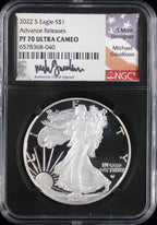2022-S Silver Eagle NGC PF70UCAM Advance Releases Mercanti Signed