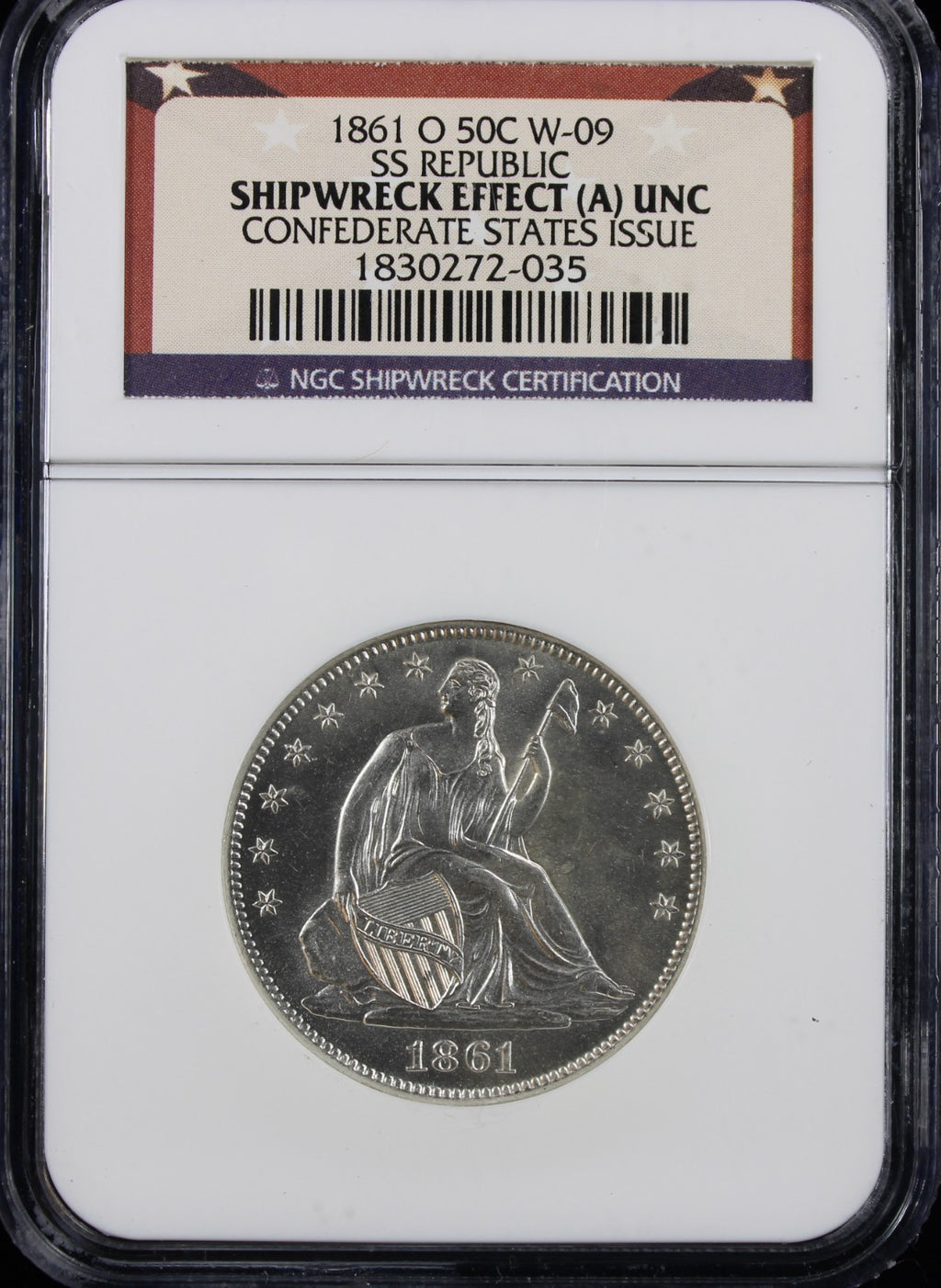 1861-O 50c W-09 Shipwreck Effect A SS Republic NGC UNC Confederate States Issue