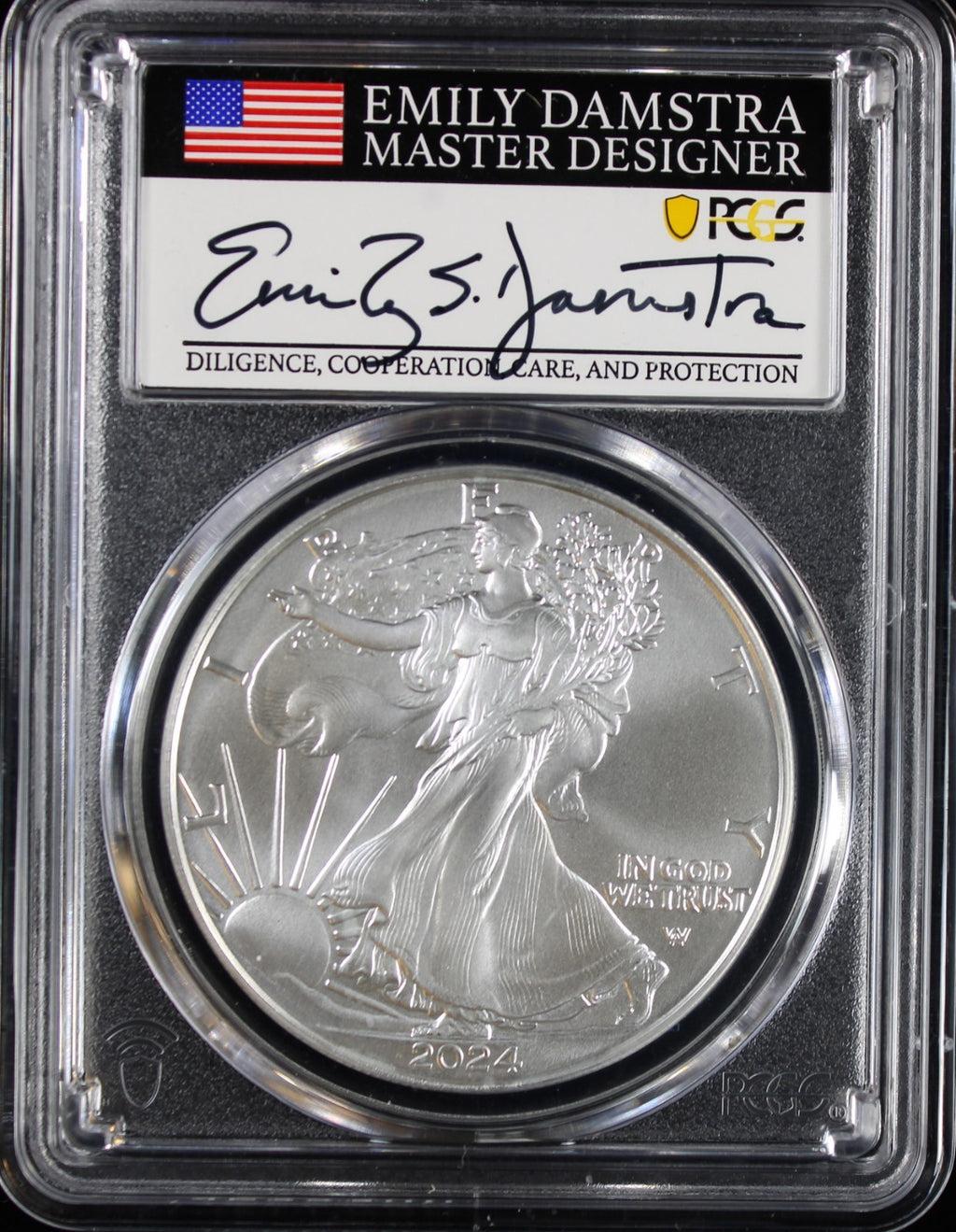 2024 Silver Eagle PCGS MS70 Damstra Signed First Day of Issue