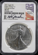 2021 Silver Eagle NGC MS70 Guadioso Signed Type 2 First Day of Issue
