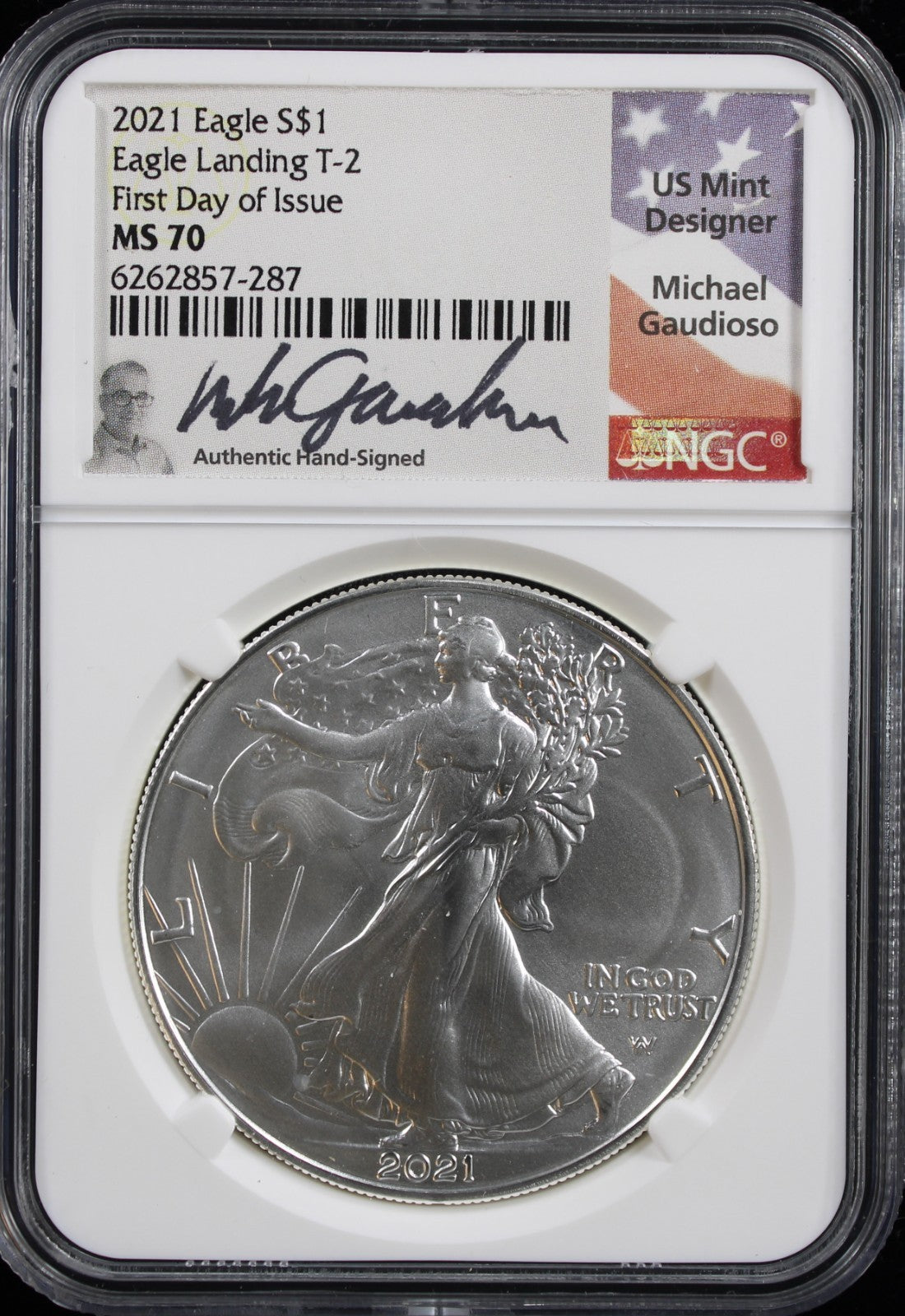 2021 Silver Eagle NGC MS70 Guadioso Signed Type 2 First Day of Issue