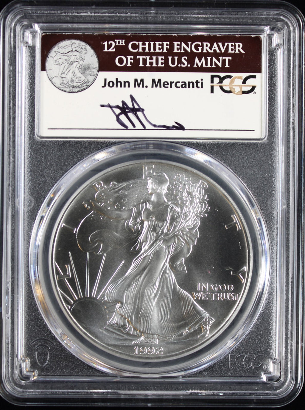 1992 Silver Eagle PCGS MS70 Mercanti Signed