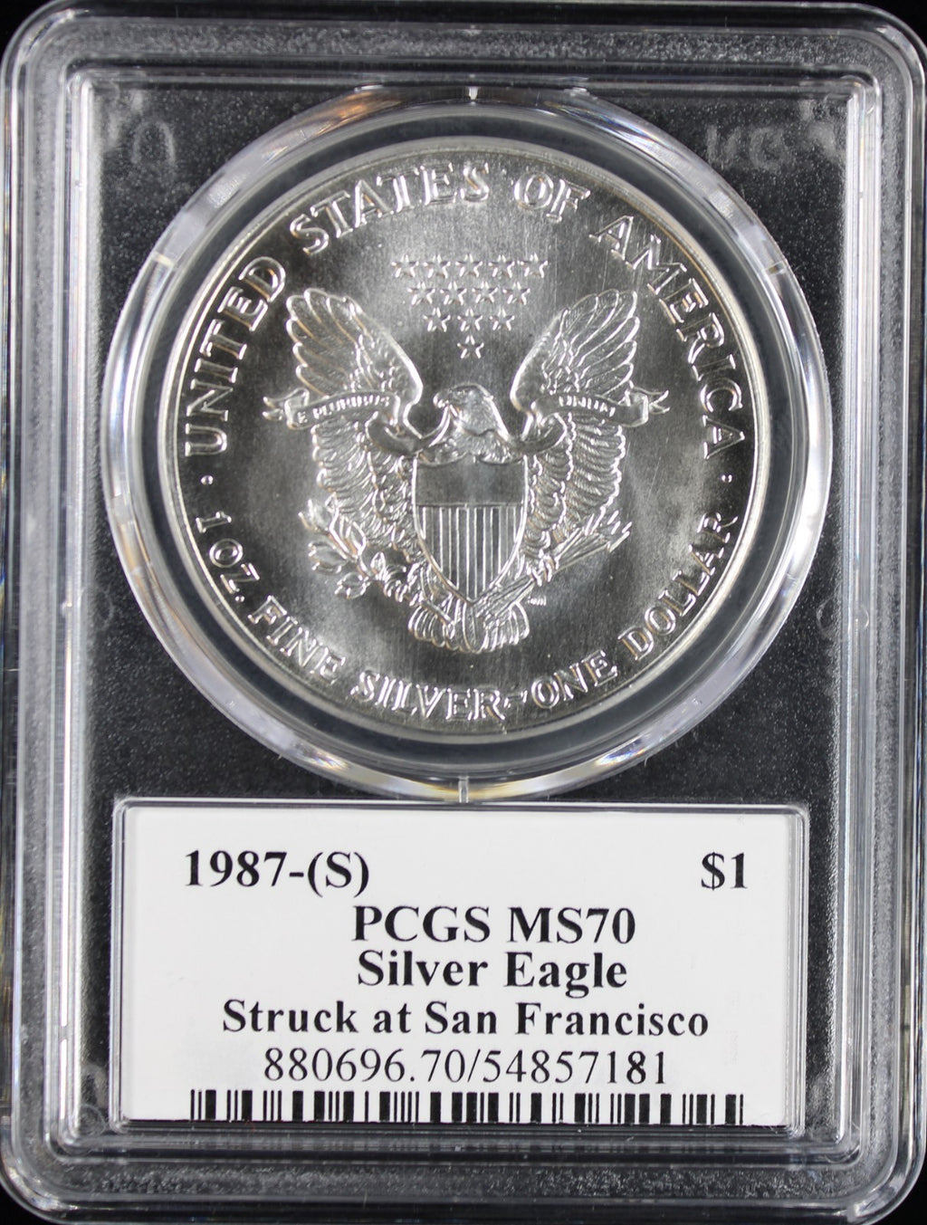 1987-S Silver Eagle PCGS MS70 Mercanti Signed