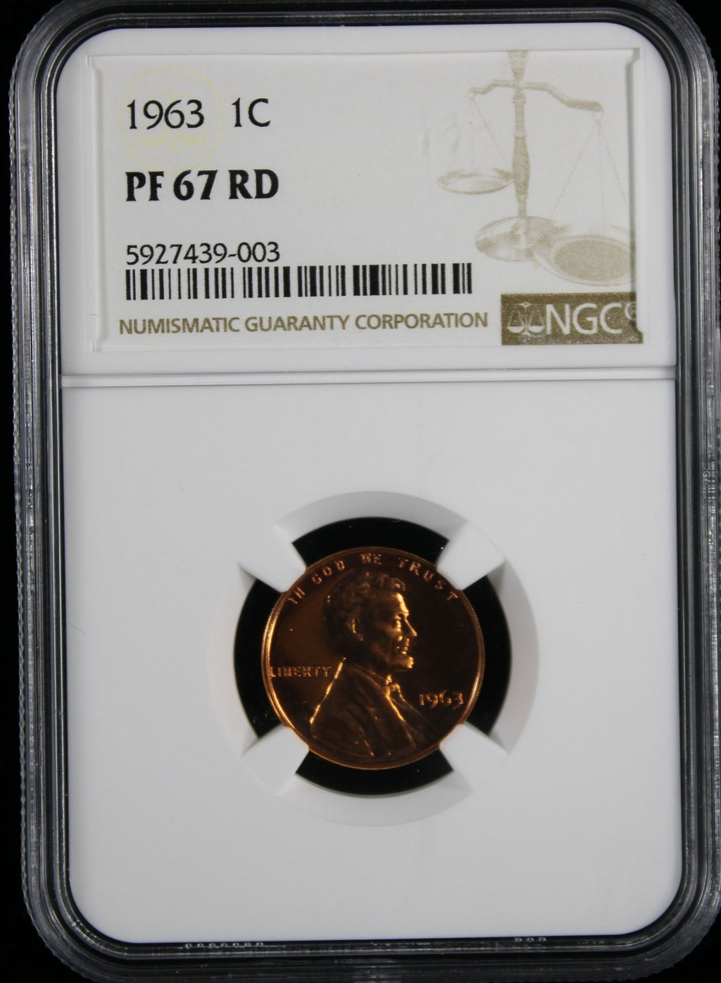 1963 Proof Lincoln Cent 1c NGC PR67 RD
