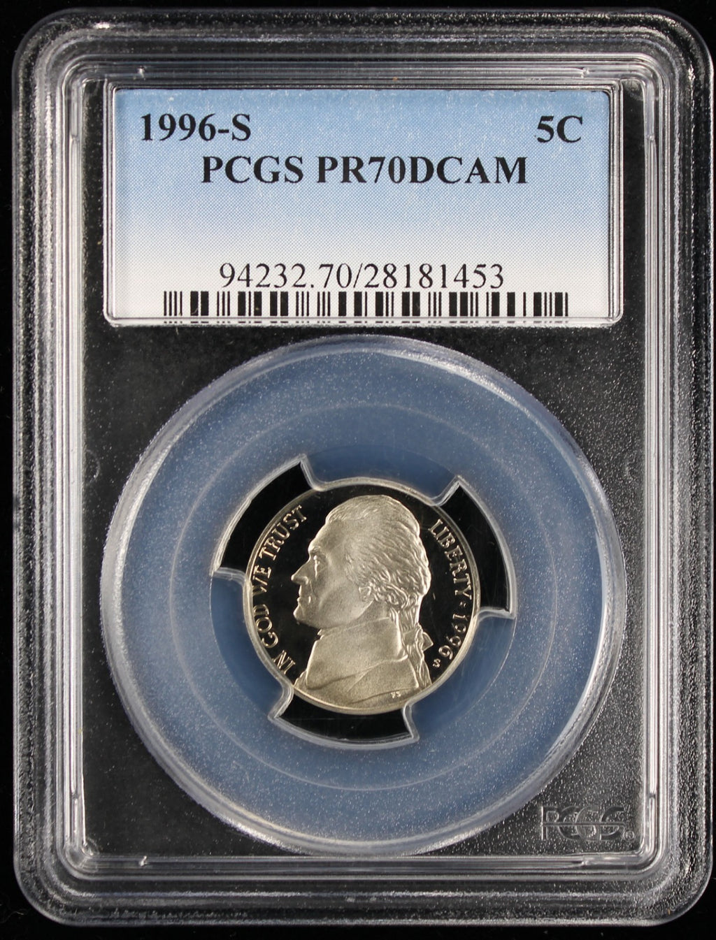 1996-S Jefferson Proof Nickel 5c PCGS PR70 DCAM Deep Cameo
