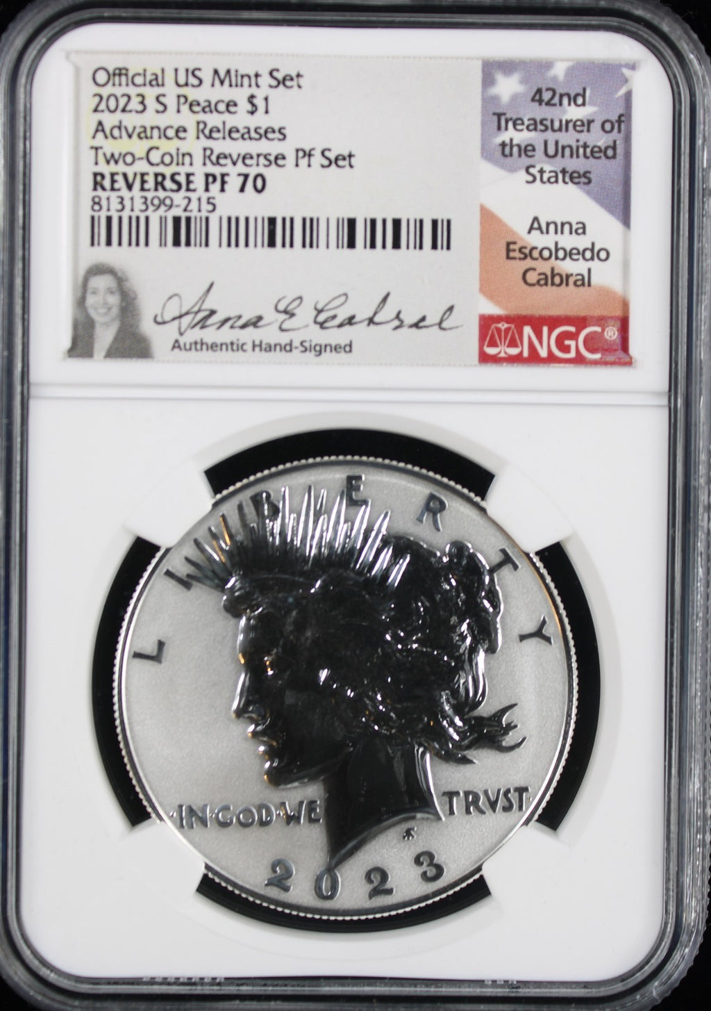 2023-S $1 Peace Reverse PF70 NGC Advance Releases Anna Cabral Signature