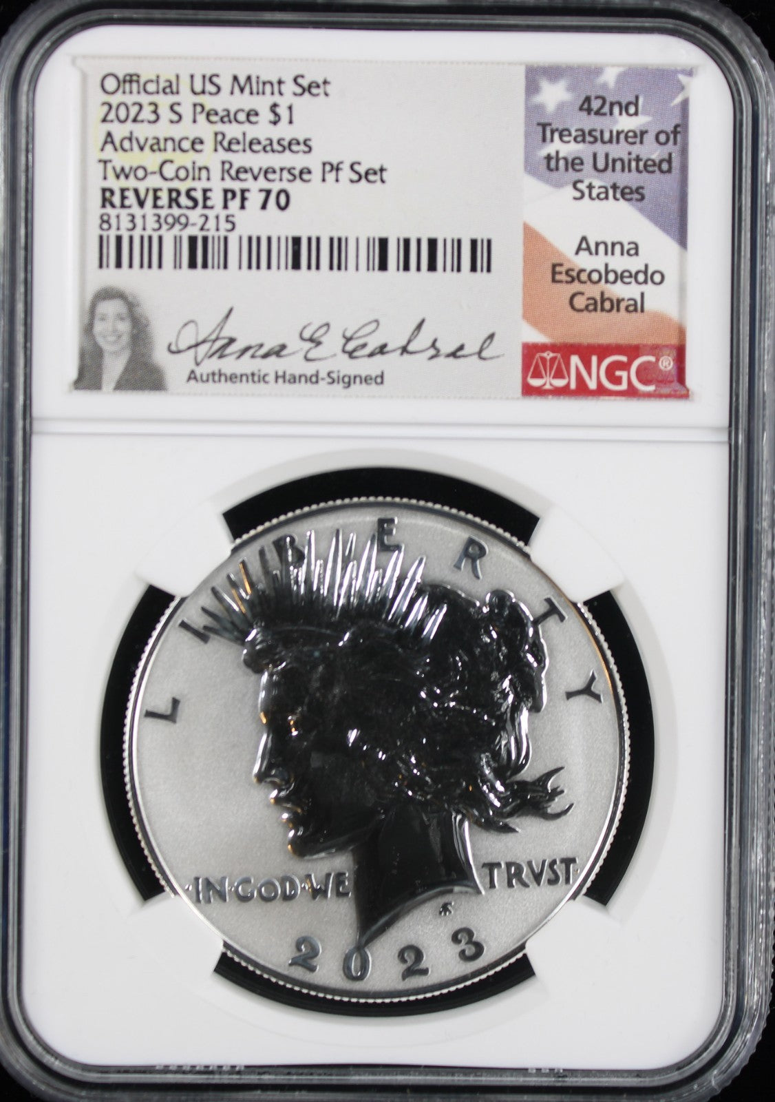 2023-S $1 Peace Reverse PF70 NGC Advance Releases Anna Cabral Signature