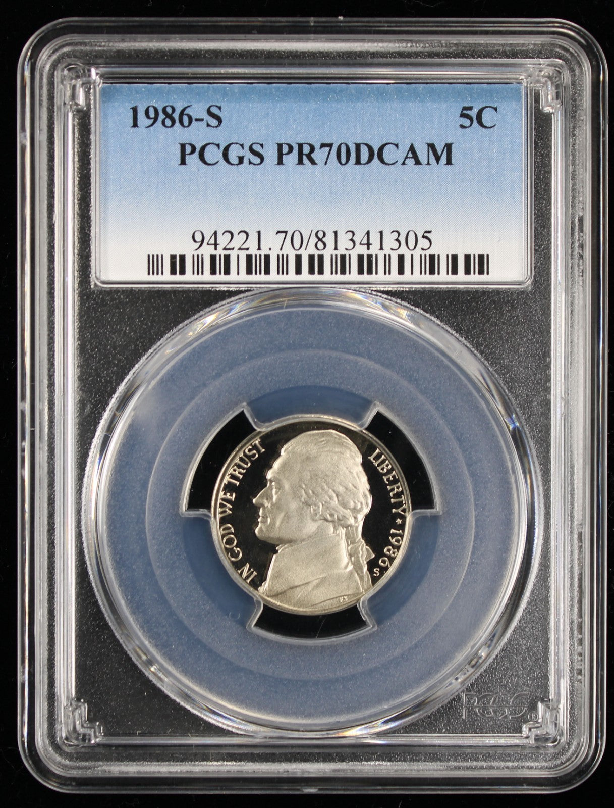 1986-S Jefferson Proof Nickel 5c PCGS PR70 DCAM Deep Cameo