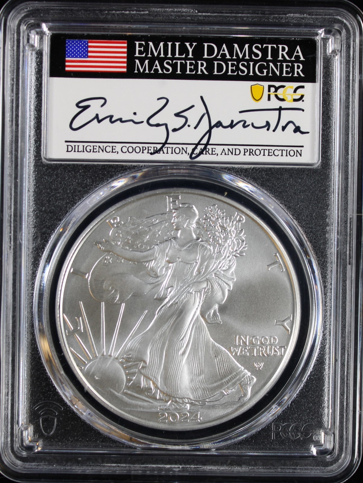 2024 Silver Eagle PCGS MS70 Damstra Signed First Day of Issue