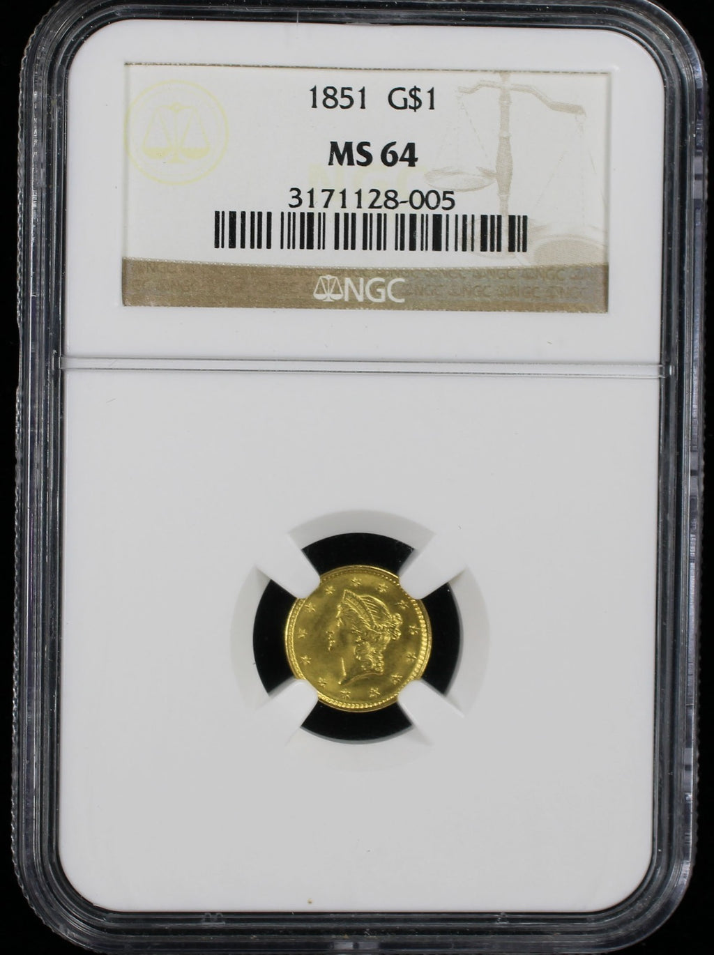 1851 $1 Gold Type 1 NGC MS64