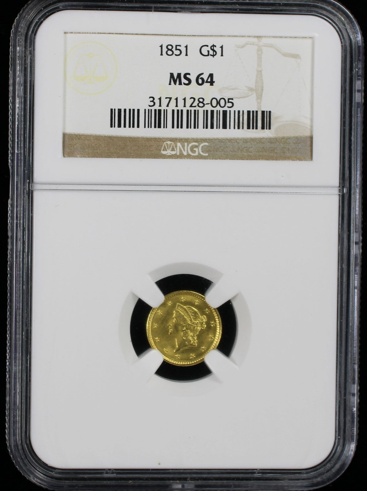 1851 $1 Gold Type 1 NGC MS64
