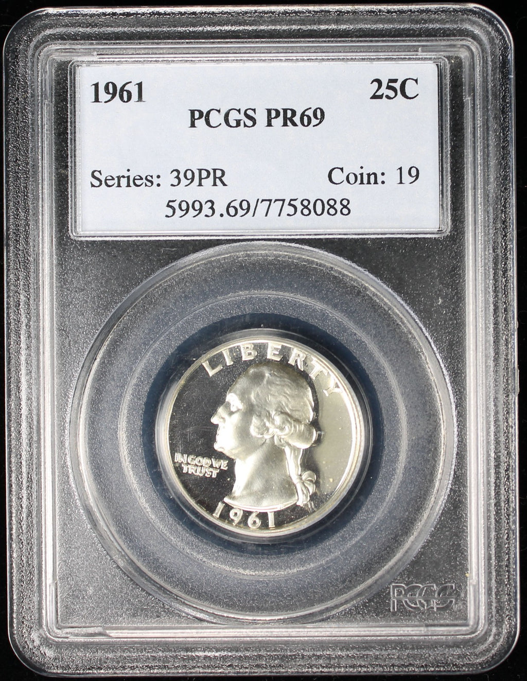 1961 Proof Washington Silver Quarter 25c PCGS PR69