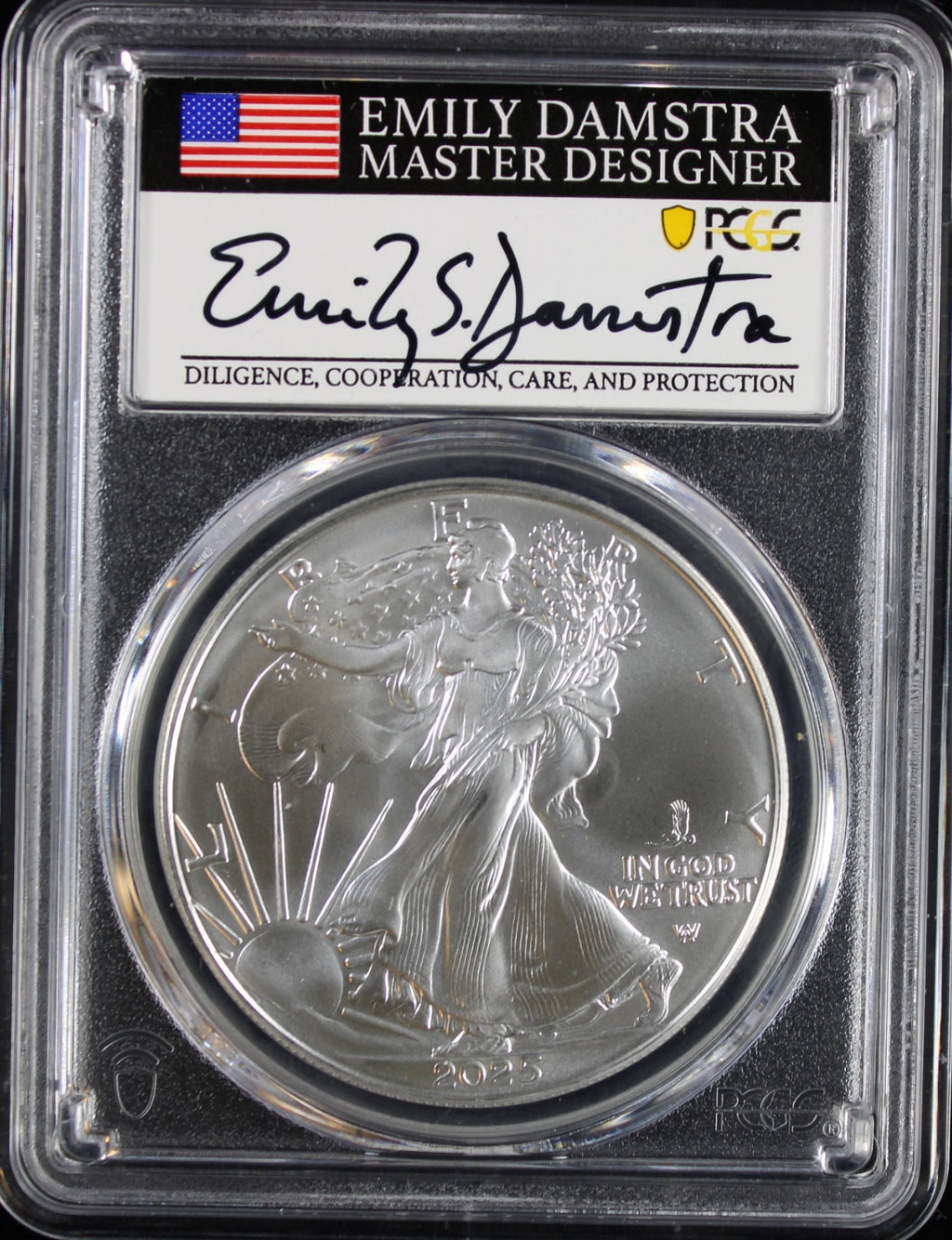 2025 Silver Eagle PCGS MS70 Damstra Signed First Day of Issue Eagle Privy