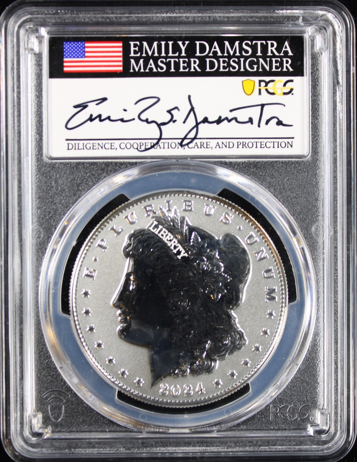 2024-S $1 Morgan PCGS Rev PR70 Advanced Release Emily Damstra Signature