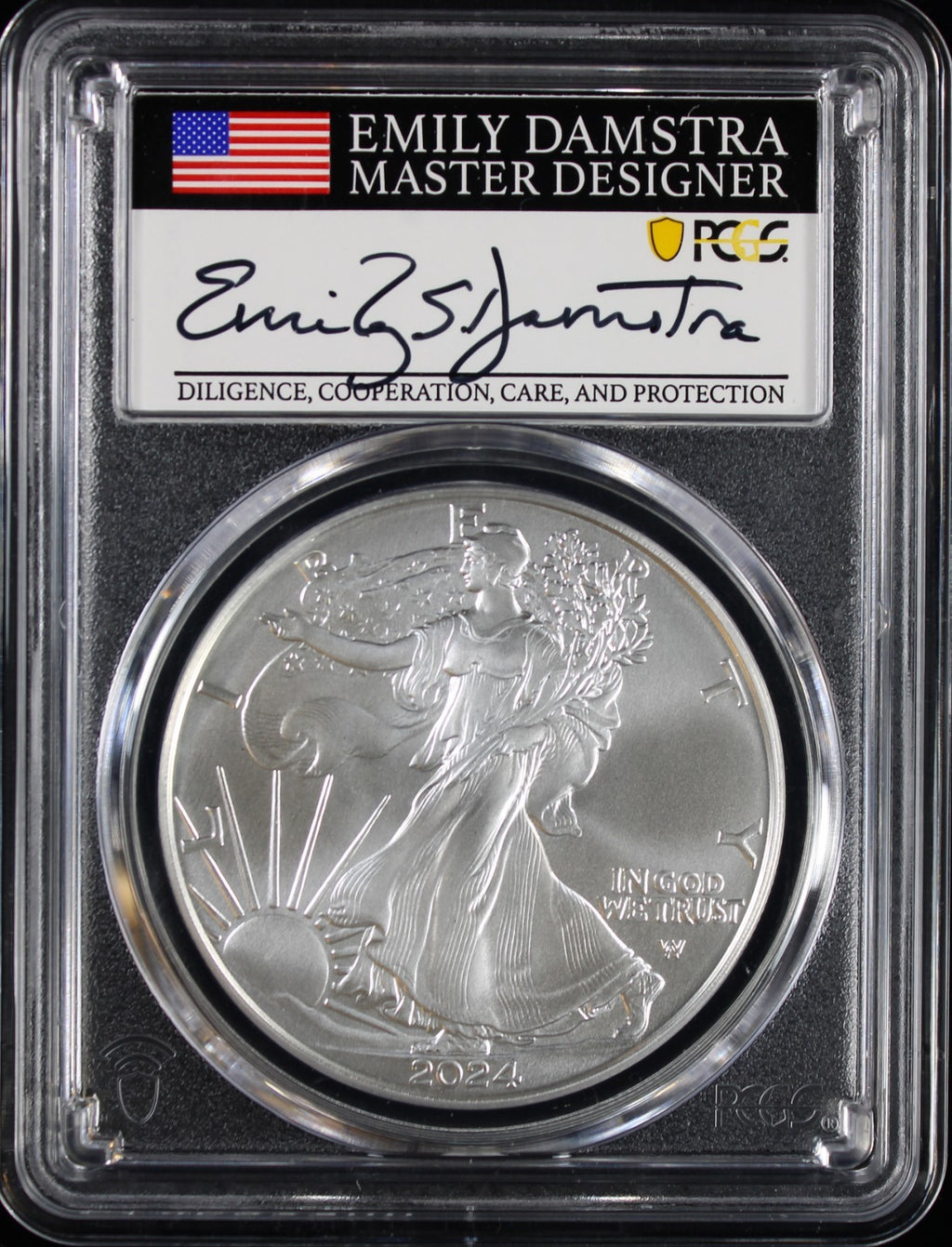 2024 Silver Eagle PCGS MS70 Damstra Signed First Day of Issue