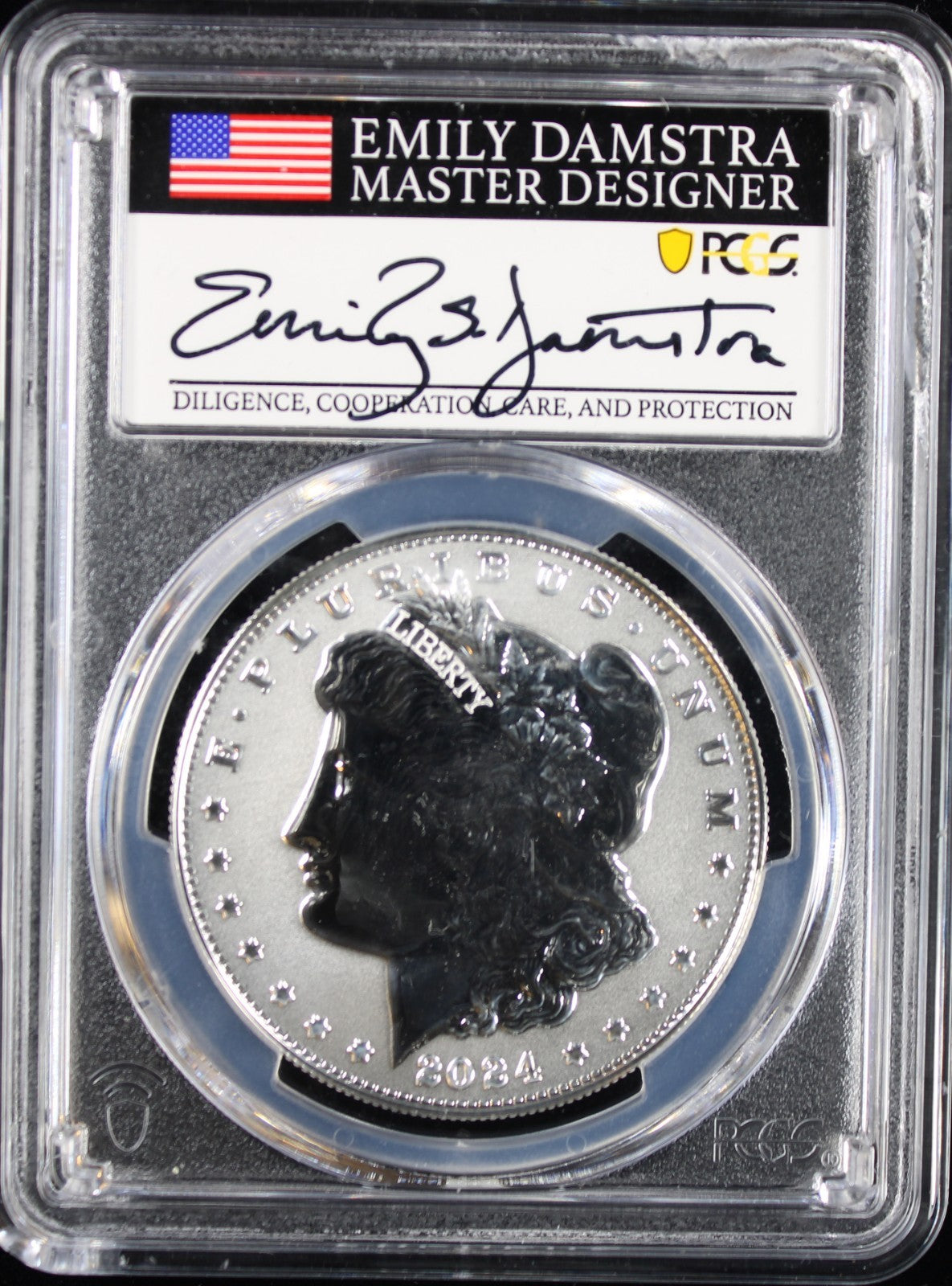 2024-S $1 Morgan PCGS Rev PR70 Advanced Release Emily Damstra Signature