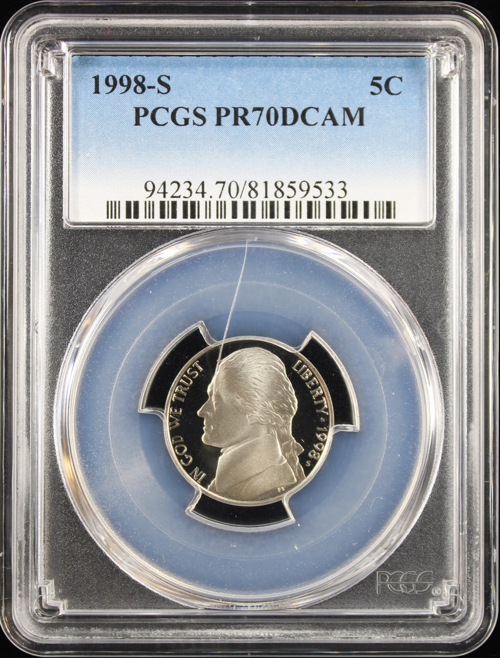 1998-S 5c Jefferson PCGS PR70DCAM (Scratch on Holder)
