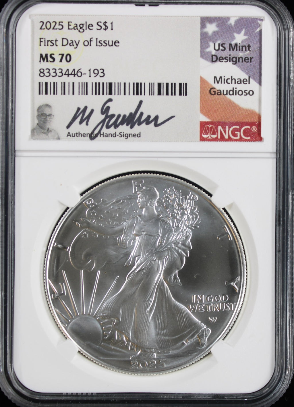 2025 Silver Eagle NGC MS70 Guadioso Signed First Day of Issue