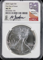 2025 Silver Eagle NGC MS70 Guadioso Signed First Day of Issue