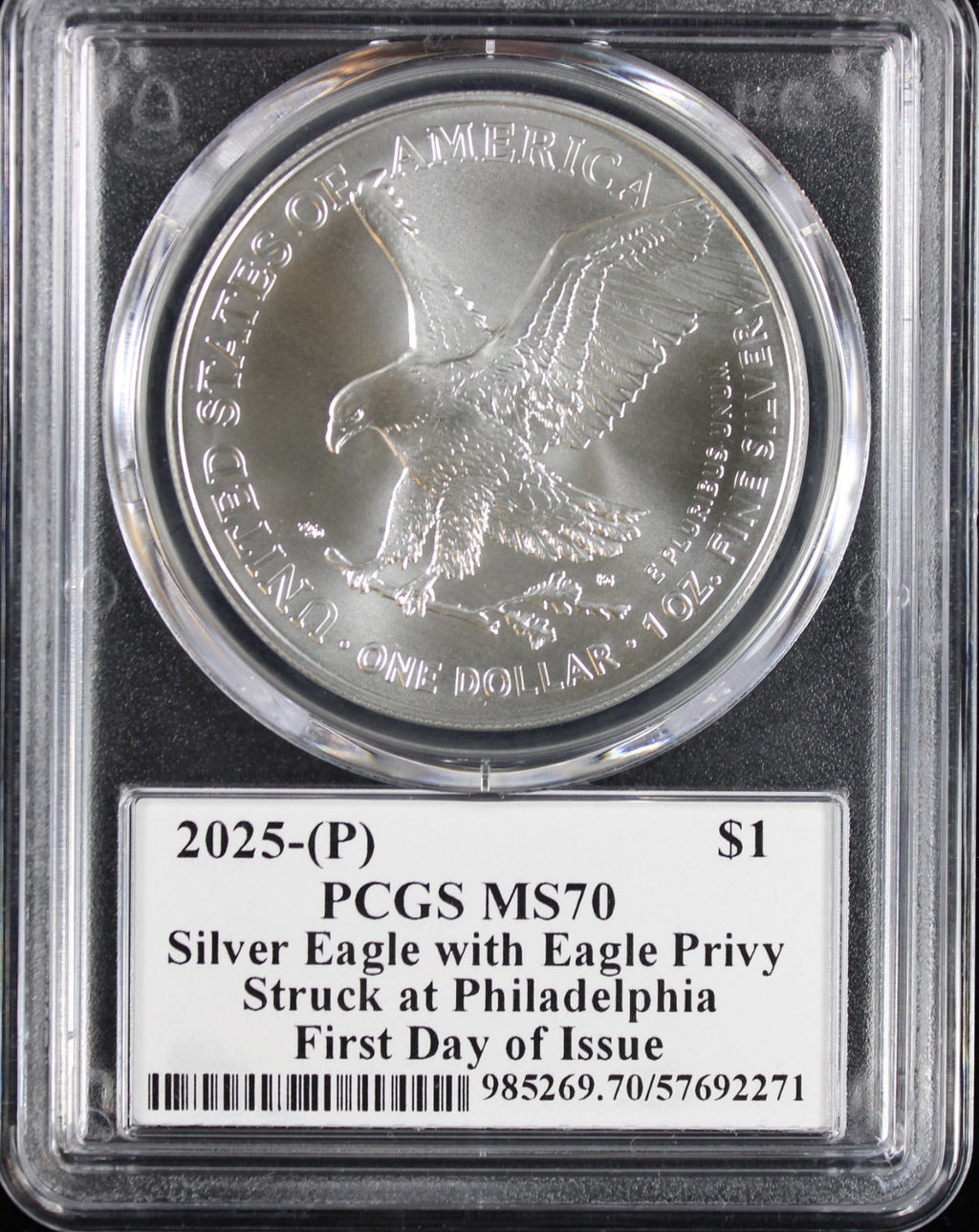 2025 Silver Eagle PCGS MS70 Damstra Signed First Day of Issue Eagle Privy