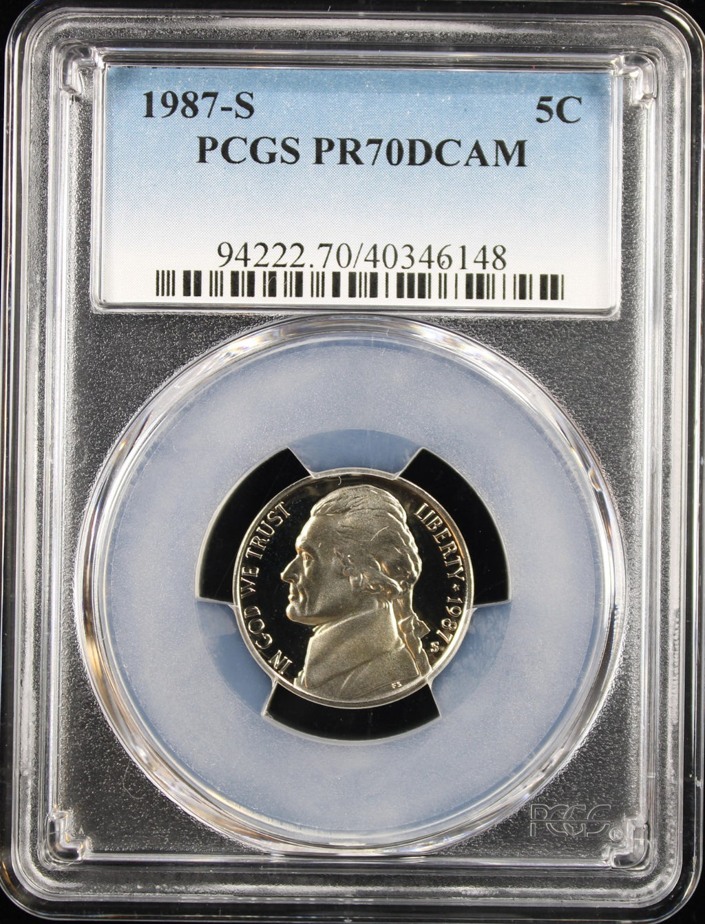 1987-S 5c Jefferson PCGS PR70DCAM