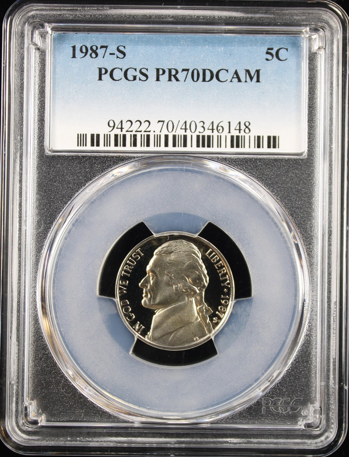 1987-S 5c Jefferson PCGS PR70DCAM