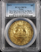 2021 $5 Palau Inca Sun God Gilt Silver Matte High Relief PCGS MS70