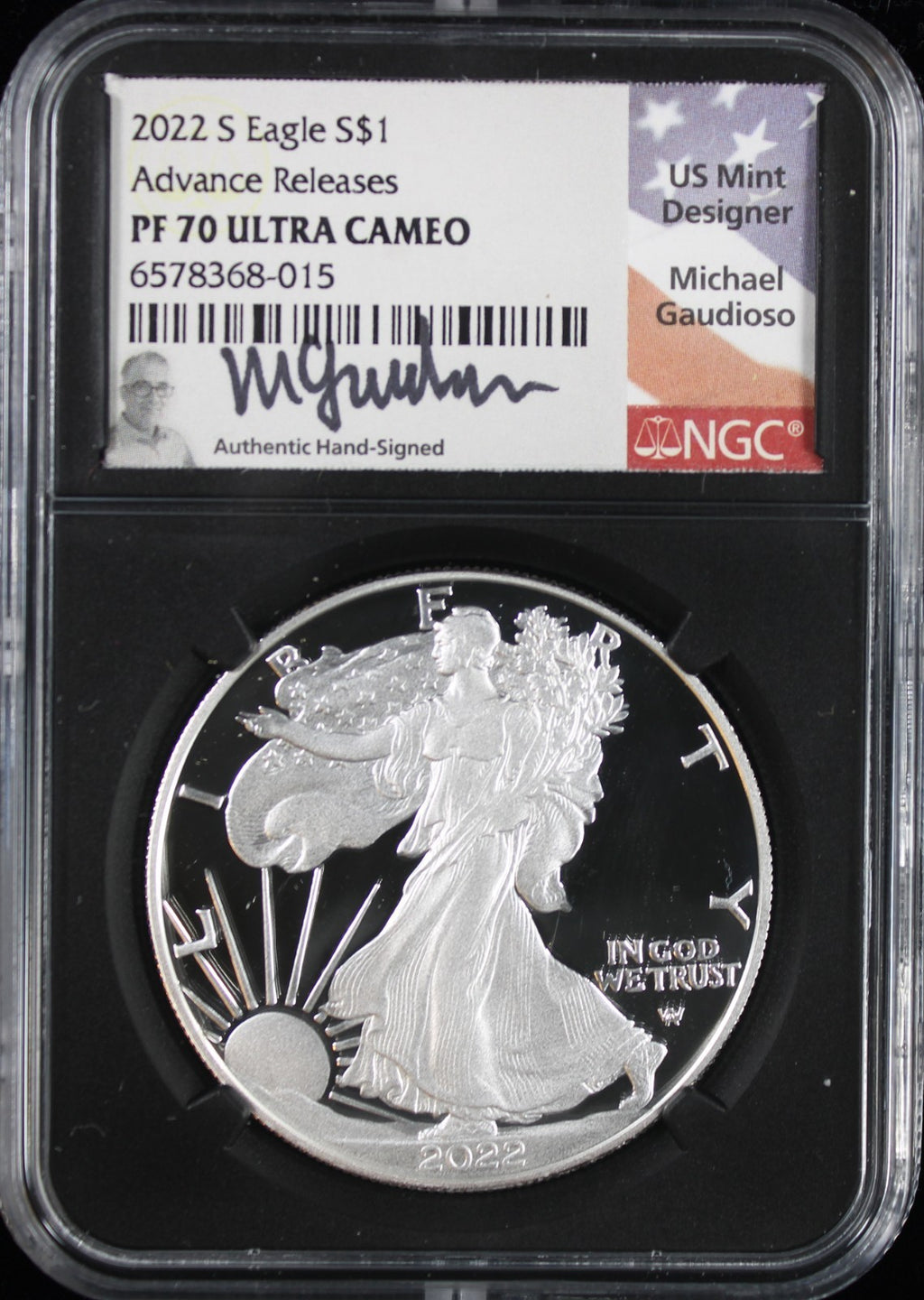 2022-S Silver Eagle NGC PF70UCAM Advance Releases Mercanti Signed