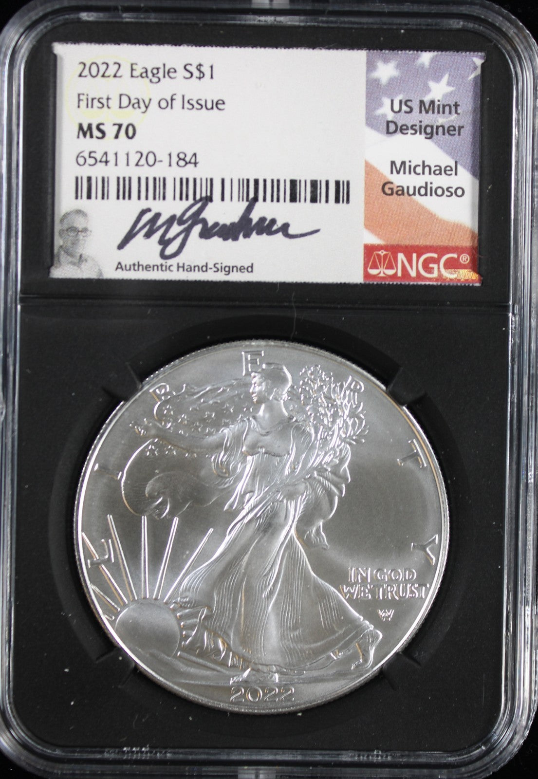 2022 Silver Eagle NGC MS70 Guadioso Signed First Day of Issue