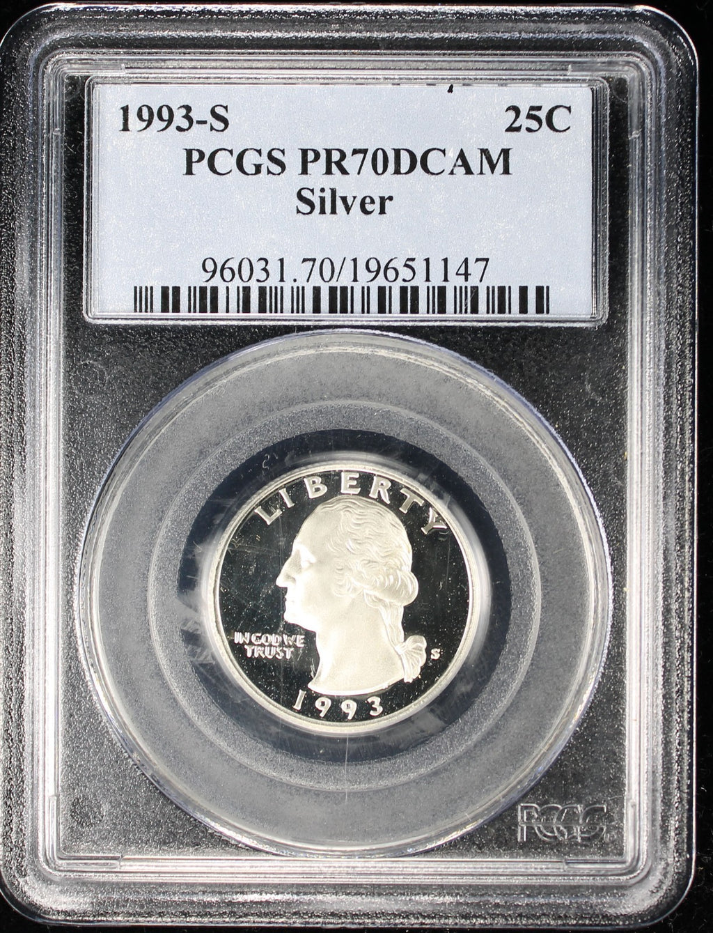 1993-S Proof Washington Silver Quarter 25c PCGS PR70 DCAM Deep Cameo
