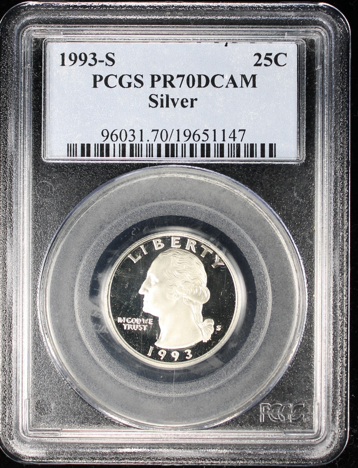 1993-S Proof Washington Silver Quarter 25c PCGS PR70 DCAM Deep Cameo