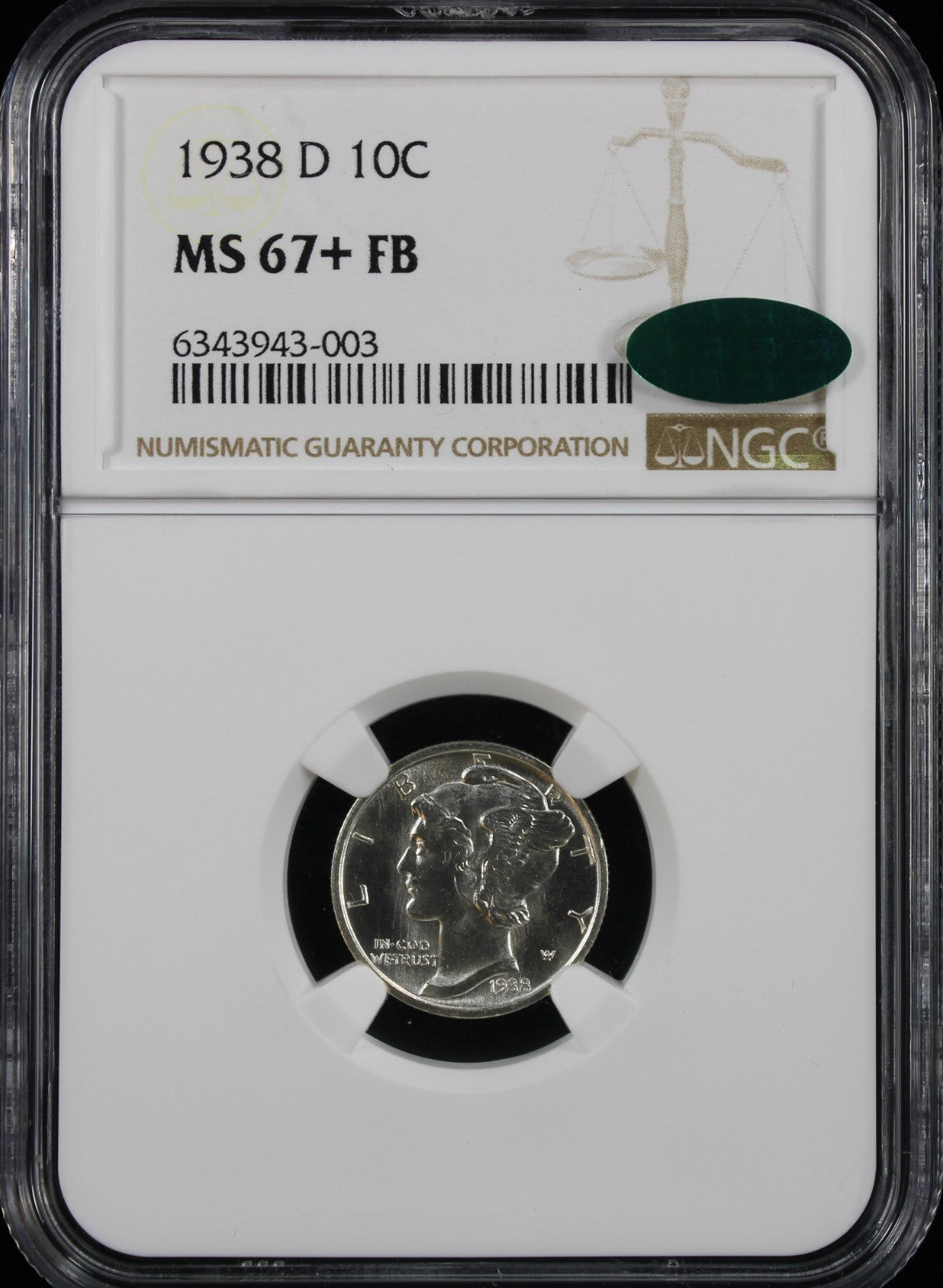 1938-D Mercury 10c NGC MS67+ Full Bands CAC