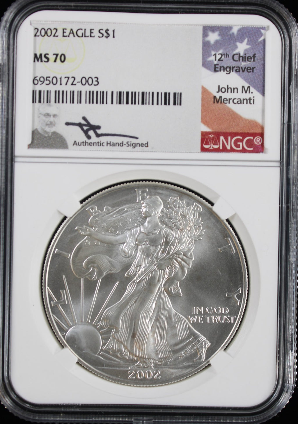2002 Silver Eagle NGC MS70 Mercanti Signed