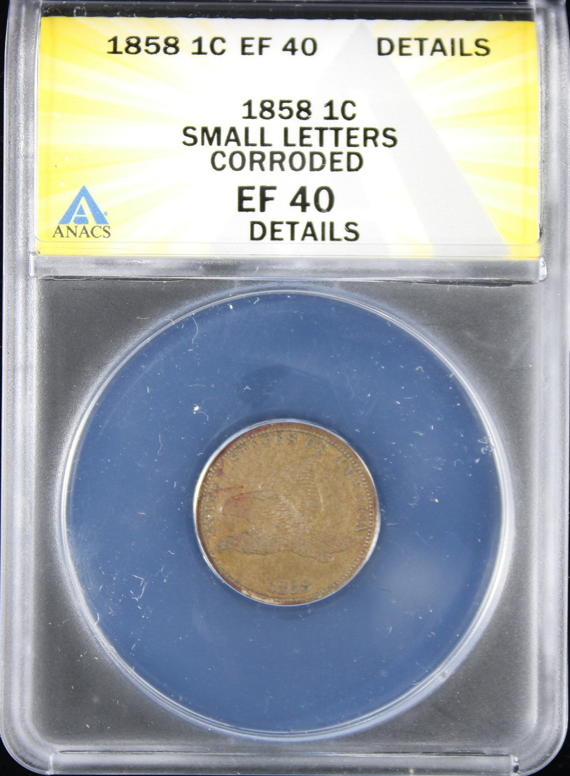 1858 Flyer Cent 1c ANACS EF40 Details